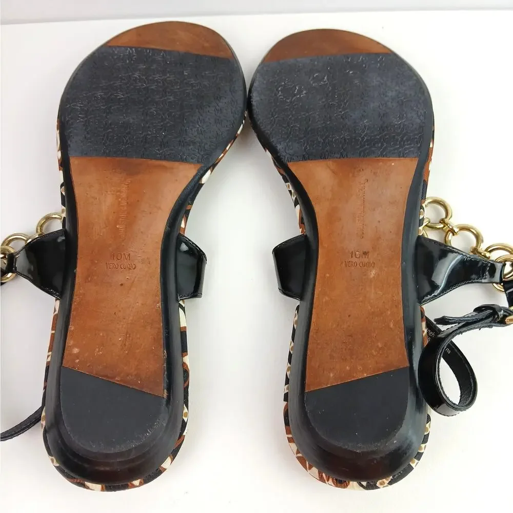Johnston & Murphy SZ 10M Black Patent Leather & Gold Chain Link Thong Sandals
